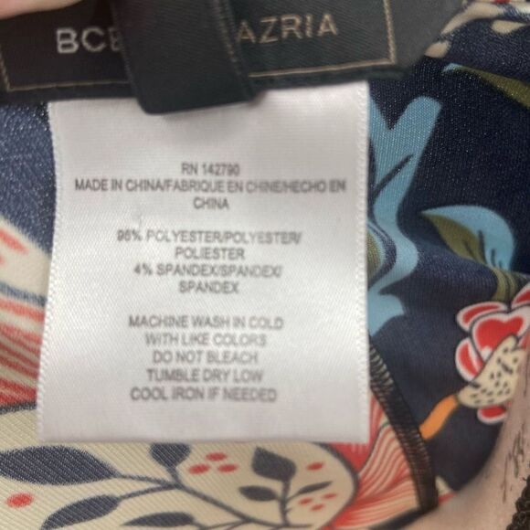 BCBGMAXAZRIA Woodblock Navy Folk Art Floral Dress Tie Waist Peplum Sheath Dress - Picture 9 of 9